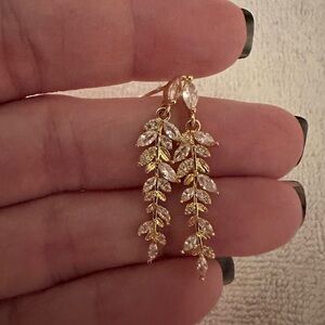 Elegant Gold Leaf Drop Earrings With CZ Accents